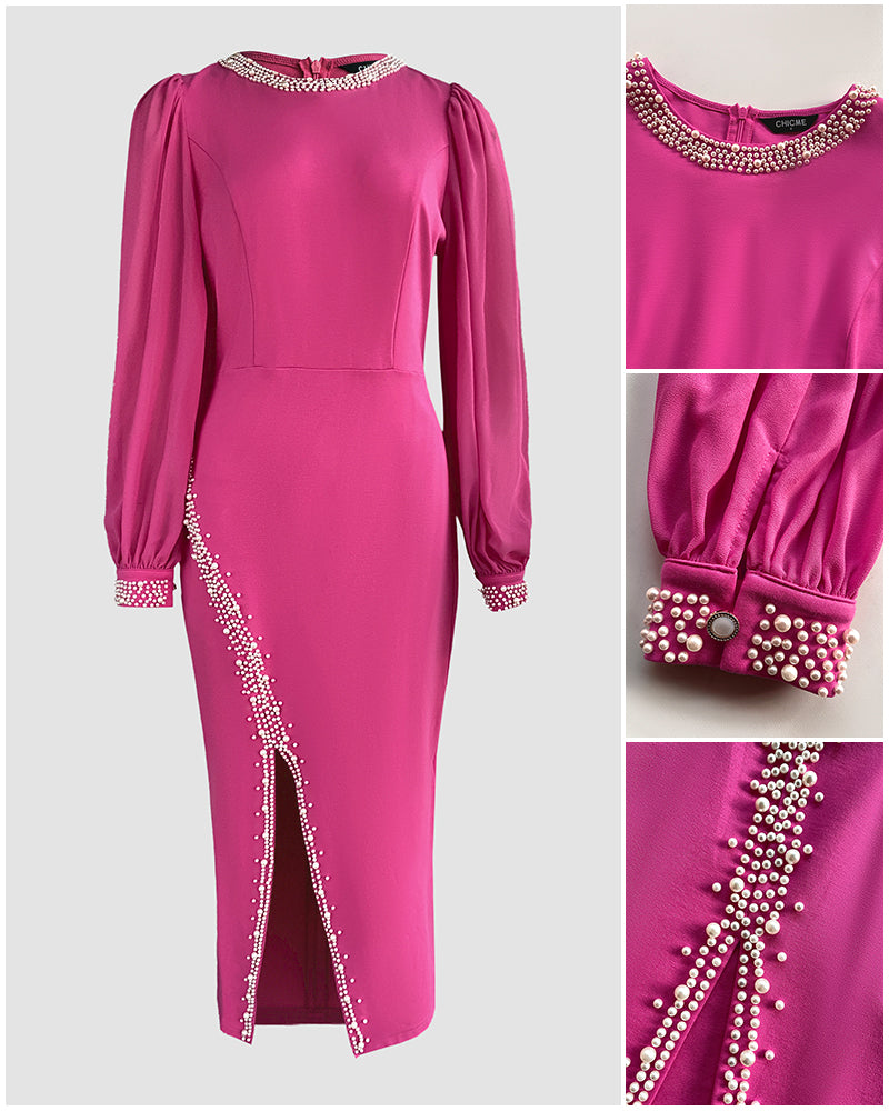 Pearls Decor Lantern Sleeve Slit Evening Dress Zipper Back Slim Fit Party Dress - Image 5