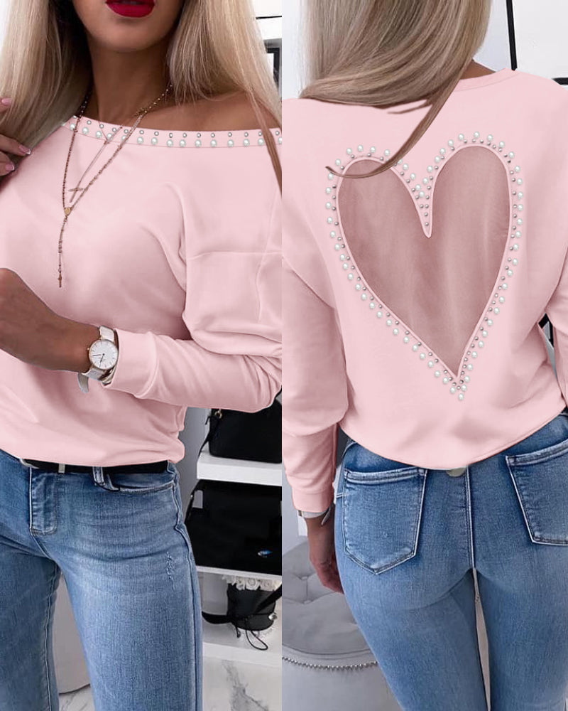 Pearls Decor Sheer Heart Pattern Mesh Spliced Tee Casual Drop Shoulder Long Sleeve Top - Image 6