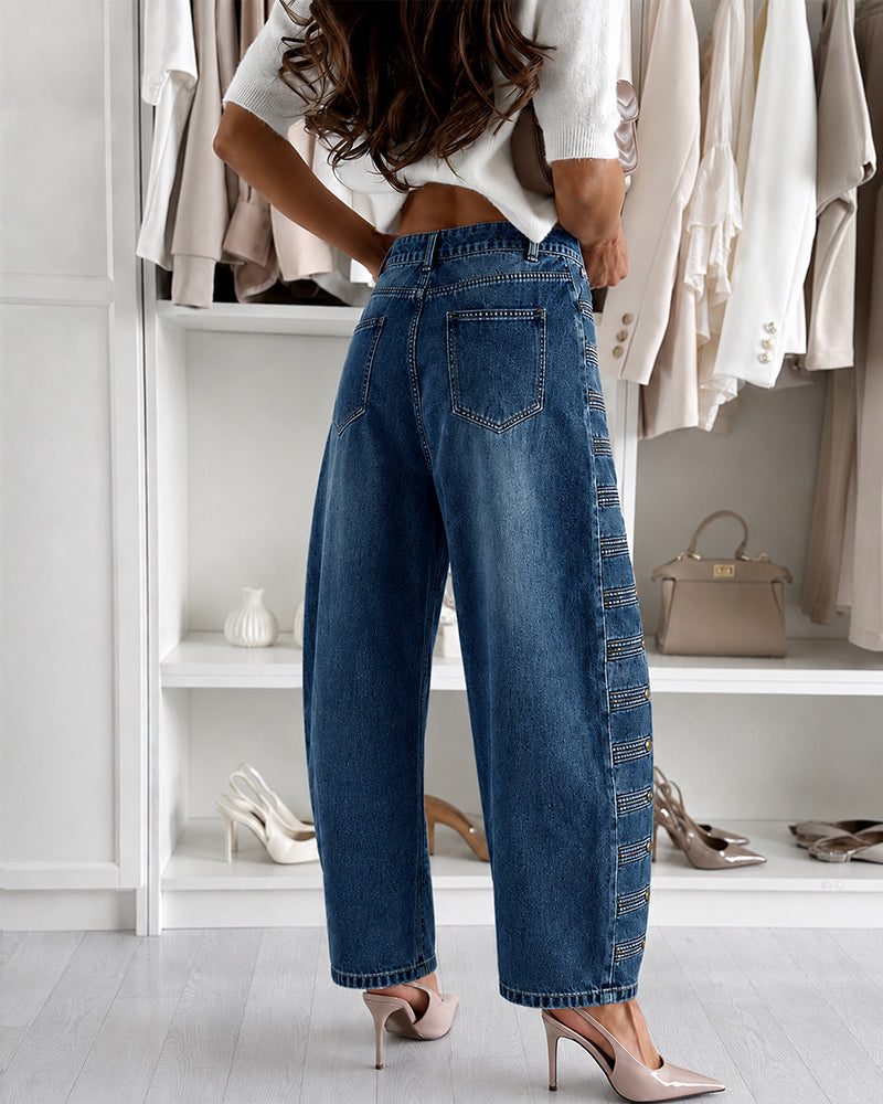 Women's Wide Leg Jeans High Waisted Side Button Denim Pants Distressed Washed Trousers Retro Y2K Streetwear - Image 9
