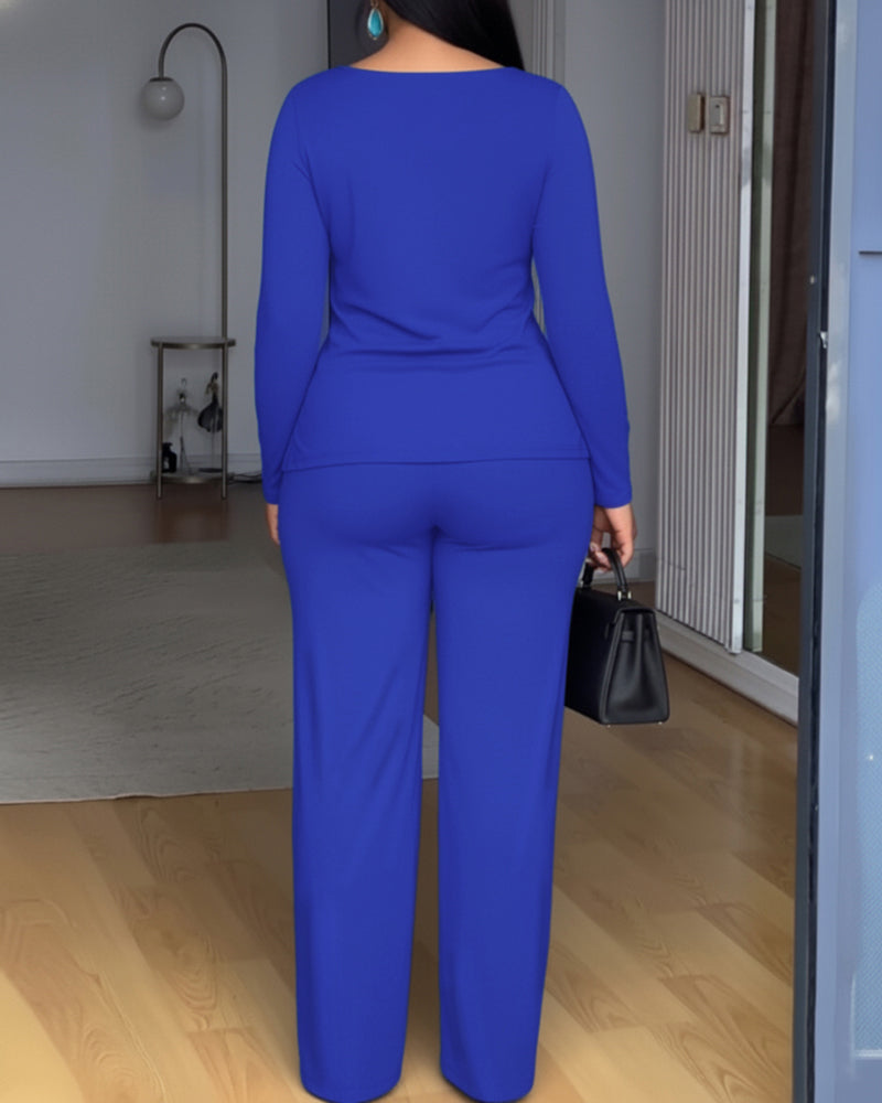 Women's 2 Piece Set Overlap V-Neck Ruched Long Sleeve Top and Wide Leg Pants Set - Image 2