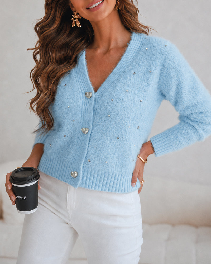 Women's Faux Mink Fur Knit Cardigan Elegant Pearl Rhinestone V Neck Sweater Crop Single Breasted Coat - Image 6