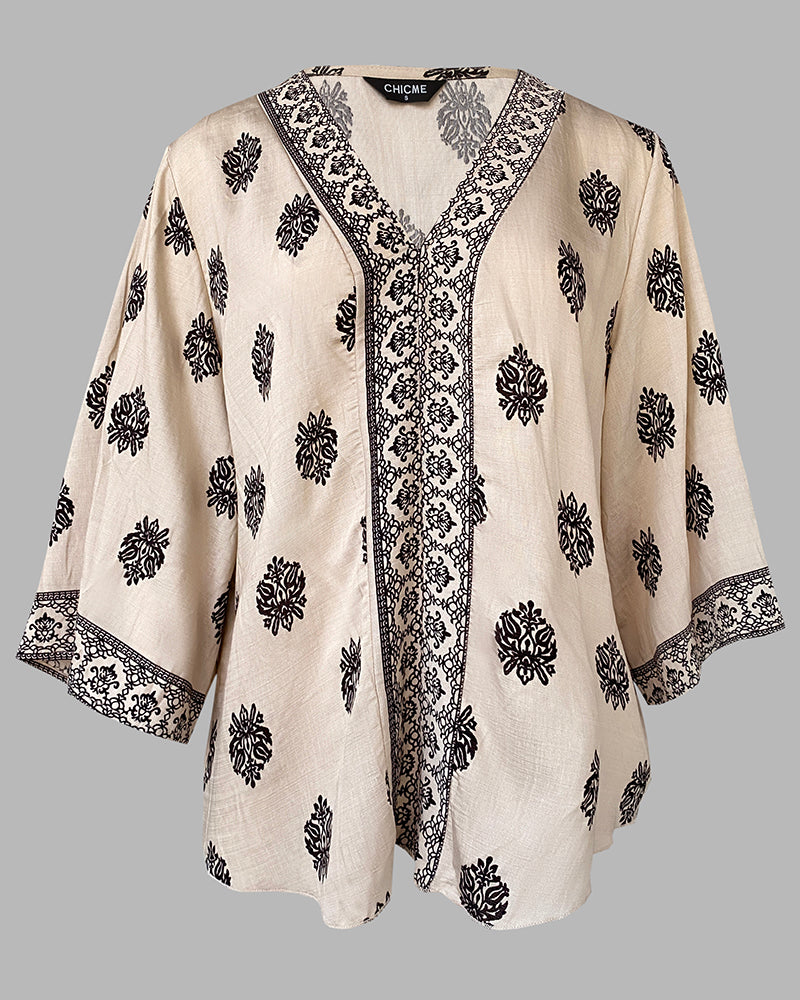 Floral Print V Neck Long Sleeve Blouse Casual Loose Fit Top - Image 23