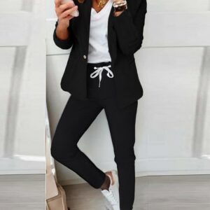 2 Pieces Outfit Shawl Collar Single Breasted Pockets Design Blazer Coat And Drawstring Elastic Waist Slim Fit Pants Set