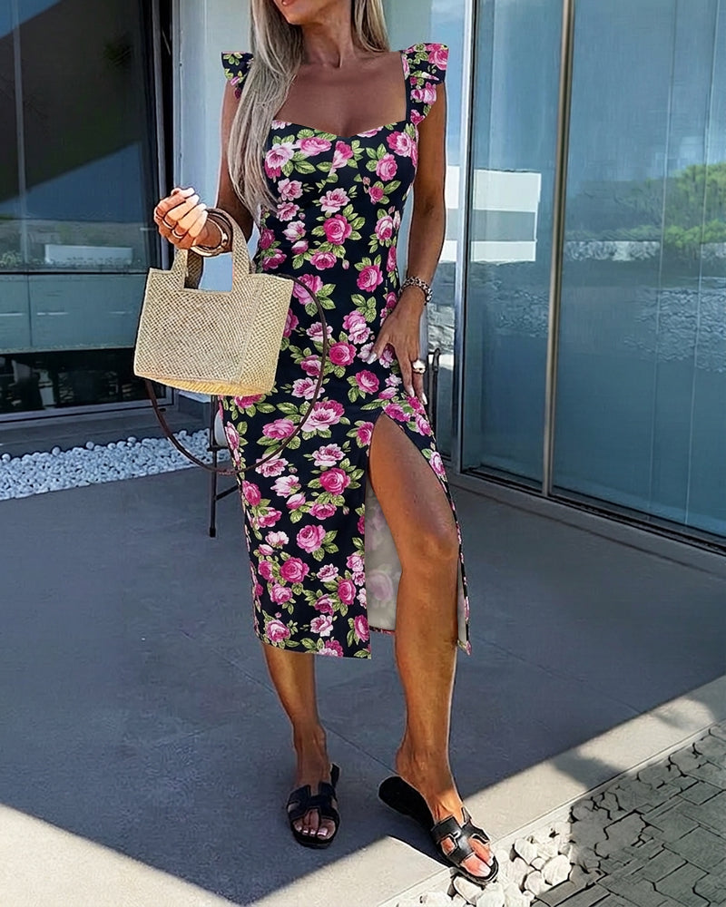 Women's Floral Midi Dress Sweetheart Neck Flutter Sleeve Side Slit Sundress Backless Vacation Dress with Built-In Bra - Image 7