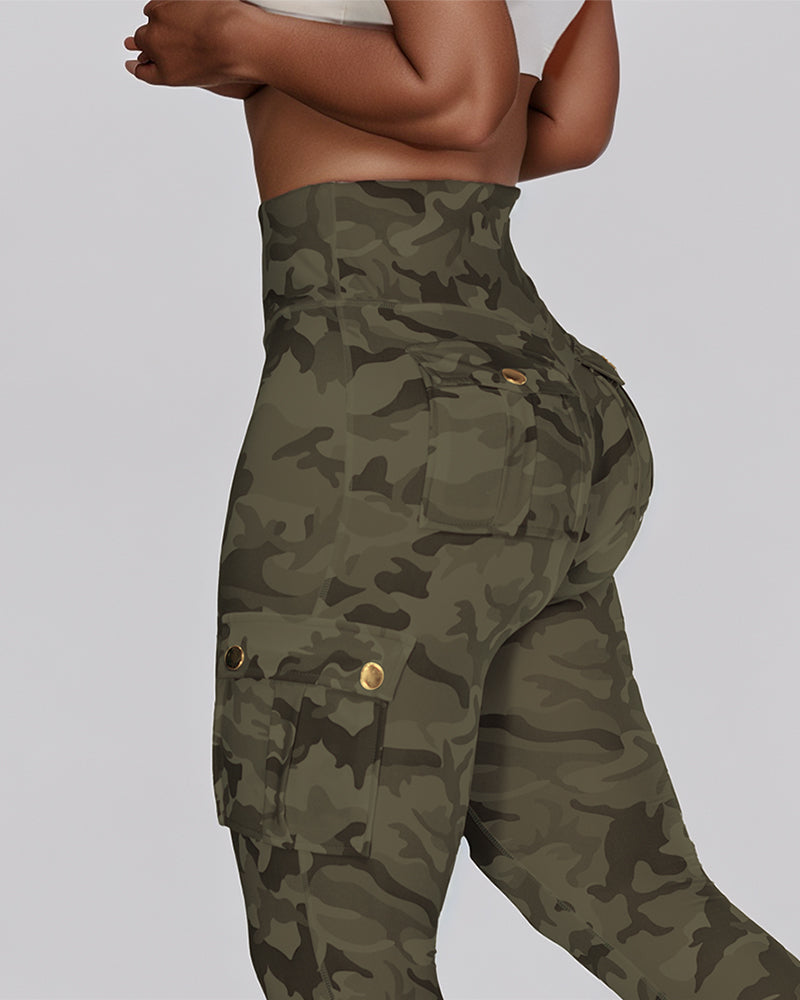 Camouflage Print High Waist Skinny Leggings with Cargo Flap Pockets Casual Pants - Image 6