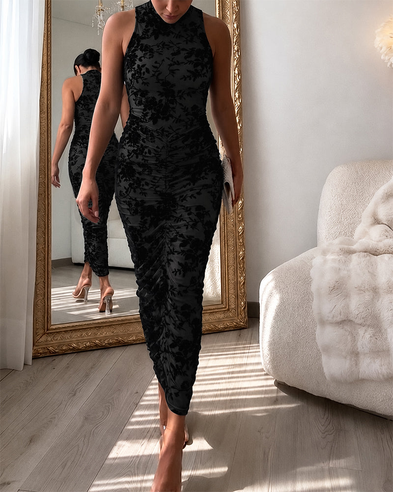 Women's Flocking Floral Mesh Midi Dress Mock Neck Sleeveless Ruched Bodycon Dress Sheer Overlay Cocktial Party Dress - Image 5