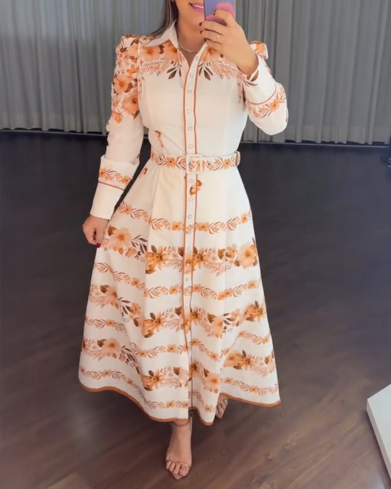 Floral Placement Print Turn-down Collar Puff Sleeve Vacation Dress Casual Button Down Shirt Dress With Belt and Lining - Image 6