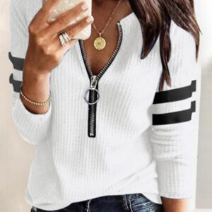 Striped Print Zipper Front Long Sleeve Top Waffle Knit Loose Fitting Tunic Tops