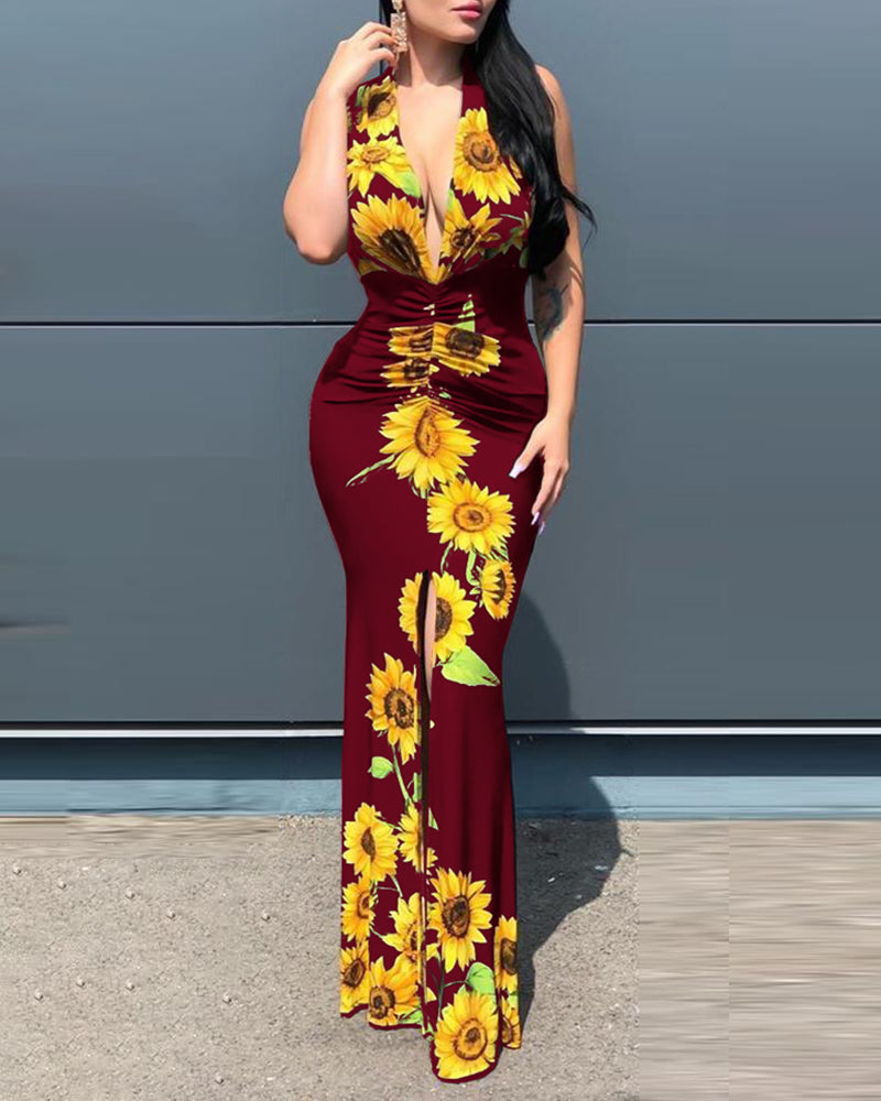 Plunge Sunflower Print High Slit Party Dress - Image 6