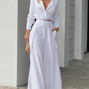 2 Pieces Outfit Turn-down Collar Long Sleeve Ruched Stretchy Hem Crop Top and Casual Elastic Back Waist Pockets Design Wide Leg Pants Set