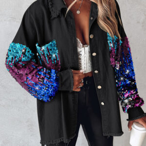 Colorblock Sequin Patchwork Long Sleeve Jacket Top Button Front Raw Hem Shacket