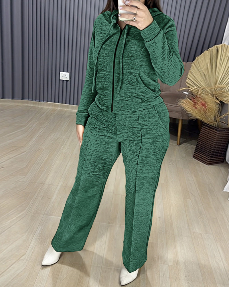 2 Pieces Outfit Long Sleeve Zip Up Drawstring Hoodie Coat and Casual Elastic Waist Seam Front Straight Leg Pants Set - Image 24