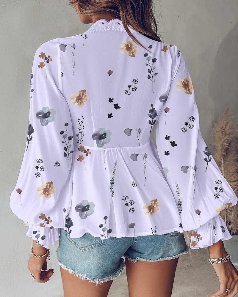 Floral Print Deep V-Neck Lantern Sleeve Casual Contrast Lace Tied Detail Blouse - Image 2