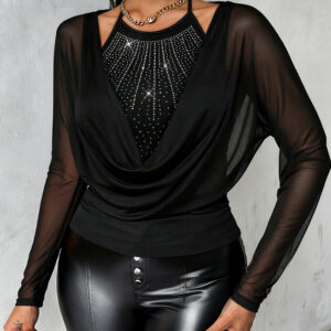 Rhinestone Decor Halter Tie Cowl Neck Long Sleeve Tee Casual Sheer Mesh Spliced Backless Top