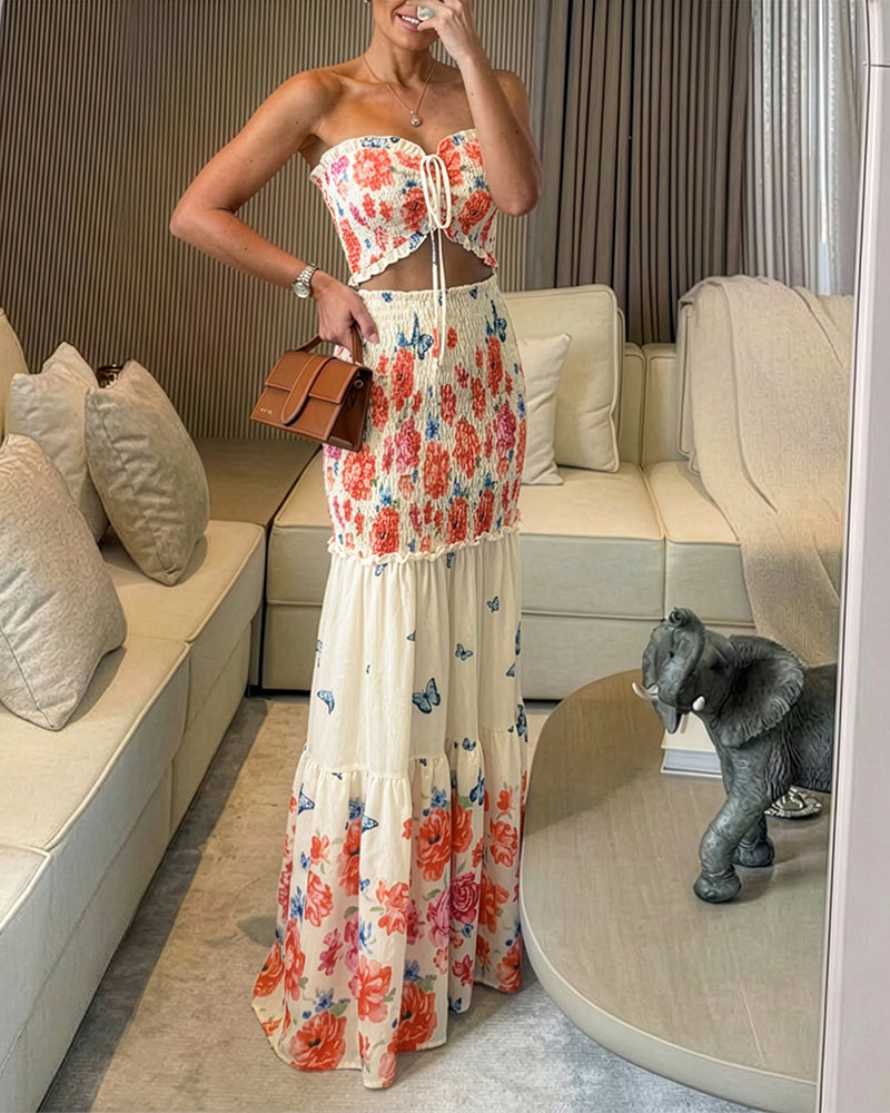 Floral & Butterfly Print Frill Trim Bandeau Tied Detail Ruched Mermaid Hem Dress Elegant Cutout Front Shirred Ruffle Hem Vacation Dress - Image 5