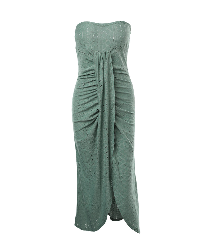 Sleeveless Ruched Cinched Waist Draped Bandeau Dress Eyelet Embroidery Slit Asymmetrical Hem Vacation Dress - Image 12