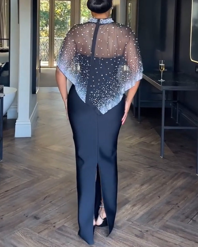 2 Pieces Outfit Detachable & Adjustable Spaghetti Straps Zipper Back Slit Slim Fit Maxi Dress and Rhinestone & Pearls Decor High Neck Zipper Back Sheer Mesh Poncho Cape - Image 2