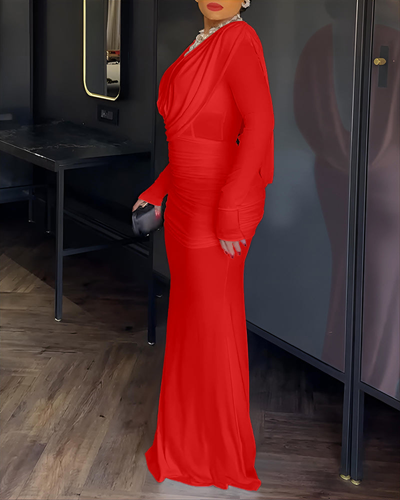 Cowl Neck Ruched Zipper Back Slim Fit Maxi Dress Casual Padded Shoulders Backless Evening Dress - Image 10