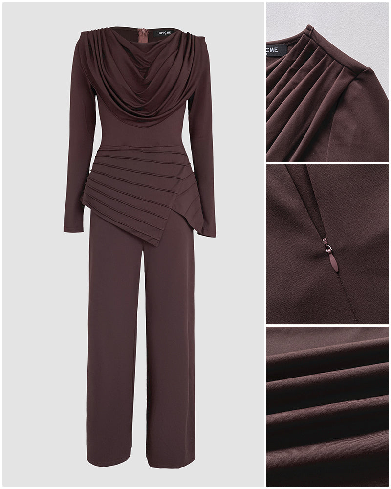 Cowl Neck Asymmetrical Textured Patchwork Cinched Waist Jumpsuit Casual Zipper Back Wide Leg Jumpsuit - Image 6