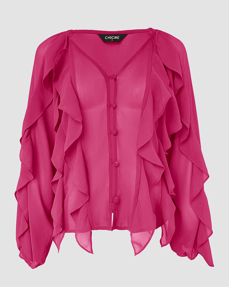 V Neck Shoulder Ruffles Design Blouse Casual Button Front Long Sleeve Top - Image 19