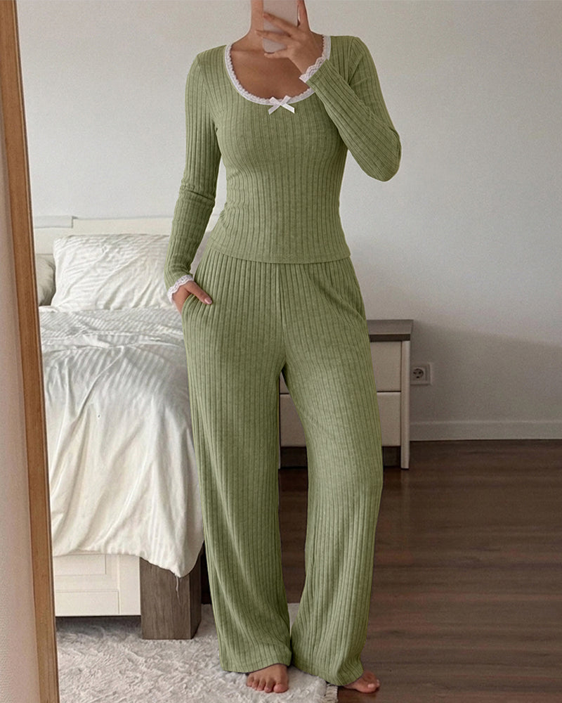 Women's 2 Piece Ribbed Lounge Sets Lace Trim Long Sleeve Top and High Waisted Pants Pajamas Sets with Pockets - Image 7