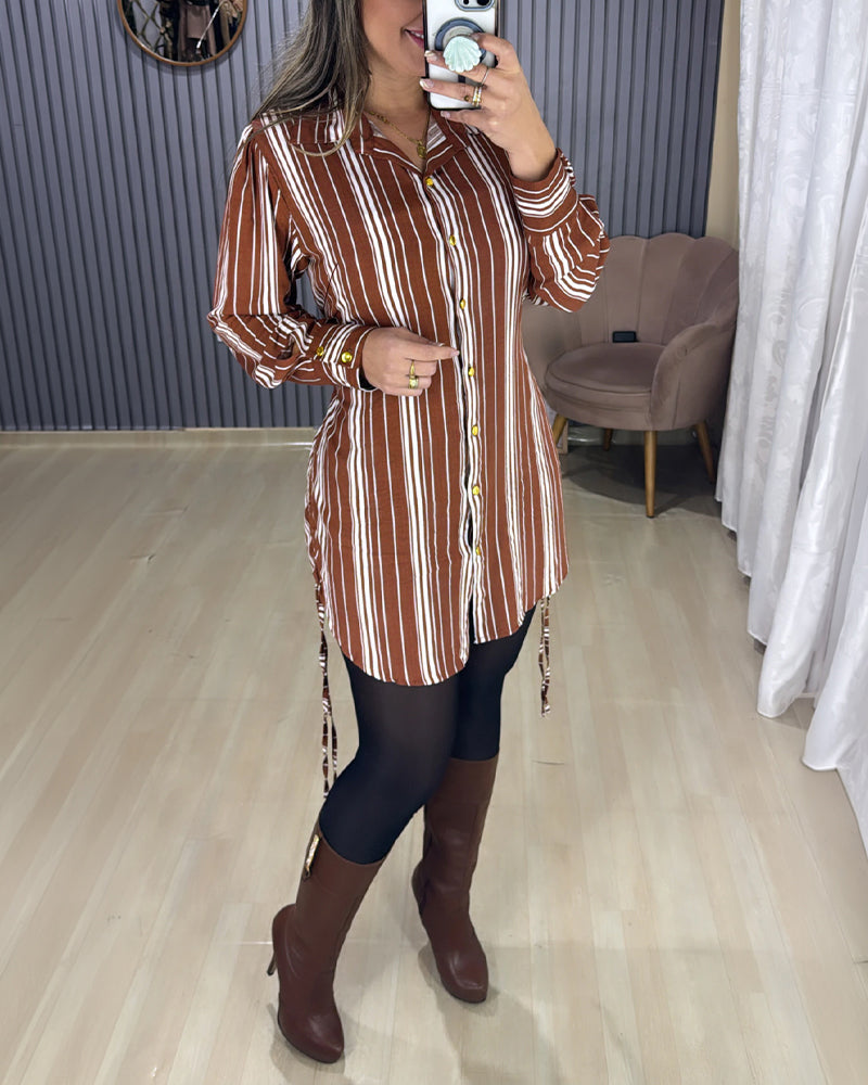 Women's Striped Shirt Dress Button Down Long Sleeve Shirred Waist Casual Dress - Image 4