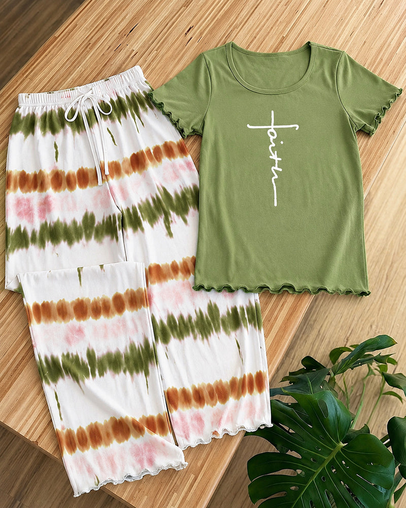 Women's Two Piece Pajama Set Faith Letter Print Short Sleeve Top and Tie Dye Straight Leg Pants Casual Lounge Set - Image 6