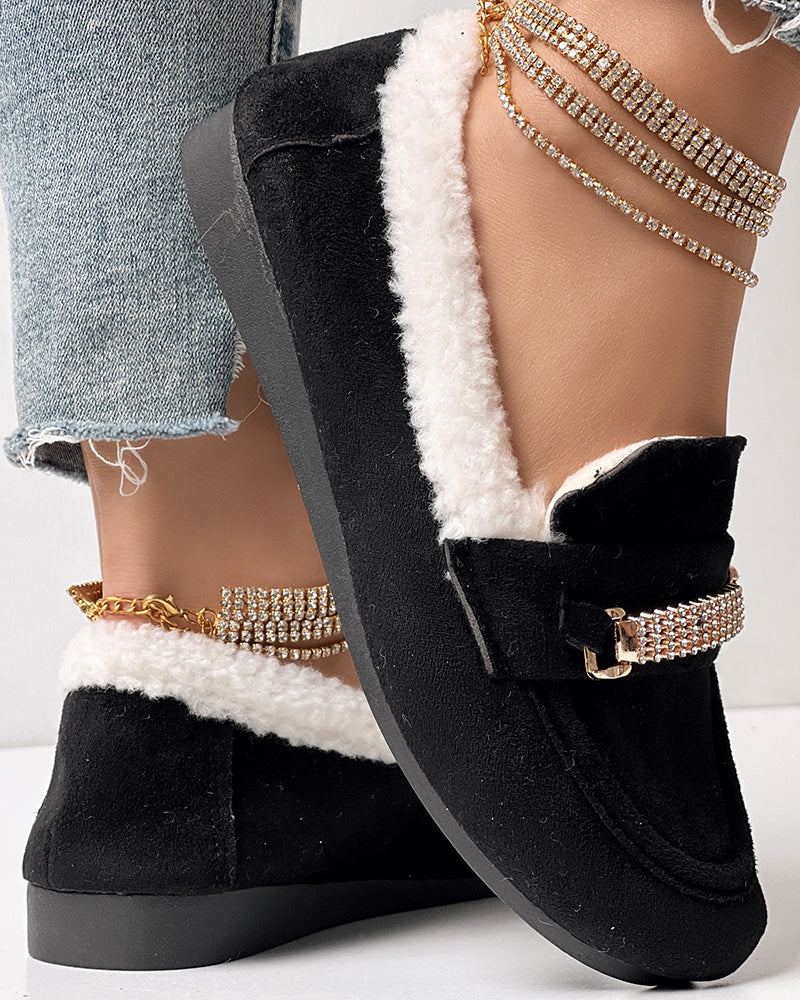 Rhinestone Chain Decor Thermal Lined Faux Shearling Trim Casual Flat Slip-On Loafers without Anklet Bracelet - Image 6