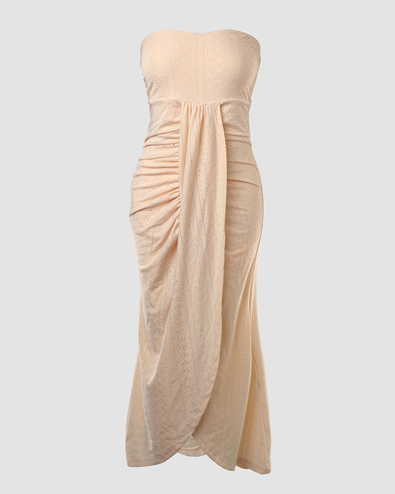 Sleeveless Ruched Cinched Waist Draped Bandeau Dress Eyelet Embroidery Slit Asymmetrical Hem Vacation Dress - Image 26