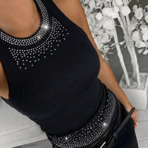 Rhinestone Decor O-neck Sleeveless Slim Fit Ribbed Tank Top