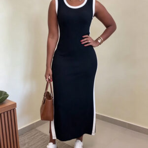 Women's Contrast Binding Tank Dress Slim Fit Sleeveless Maxi Dress Side Slit Casual Knit Sundress
