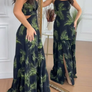 Women's Tropical Print Ruffle Hem Maxi Dress Sexy Cutout Adjustable Strap Slit Beach Vacation Dress