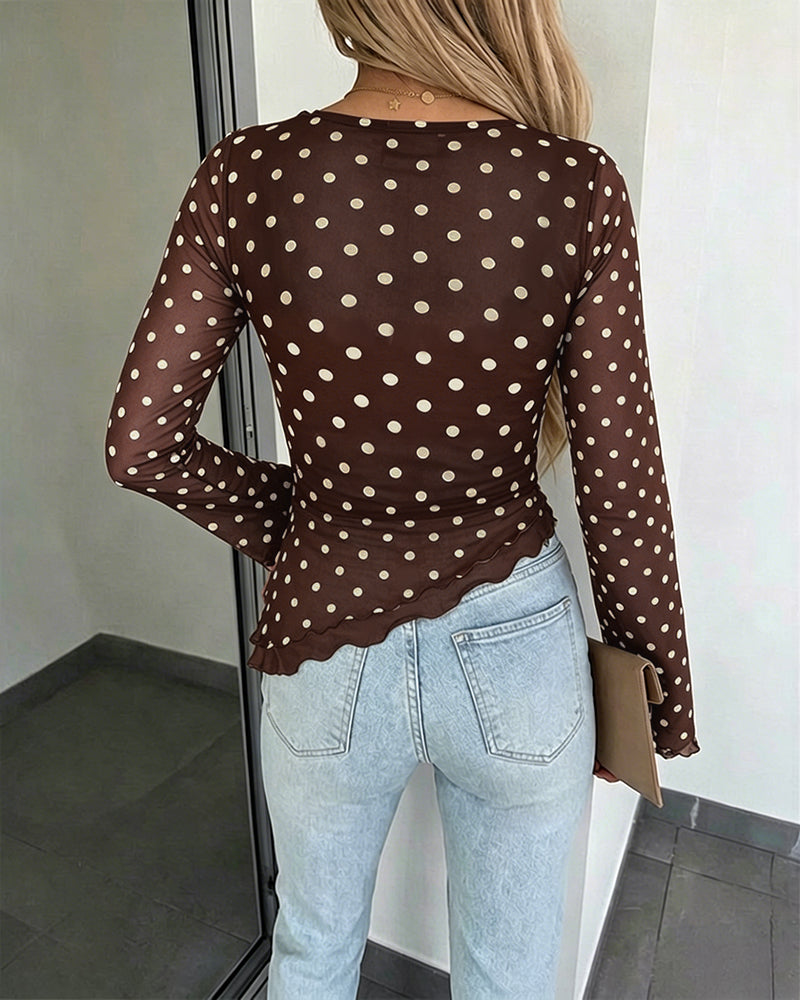 Women's Polka Dot Mesh Top Flare Long Sleeve Boat Neck Lined Asymmetric Frill Hem Blouse Vintage Party Shirt - Image 17