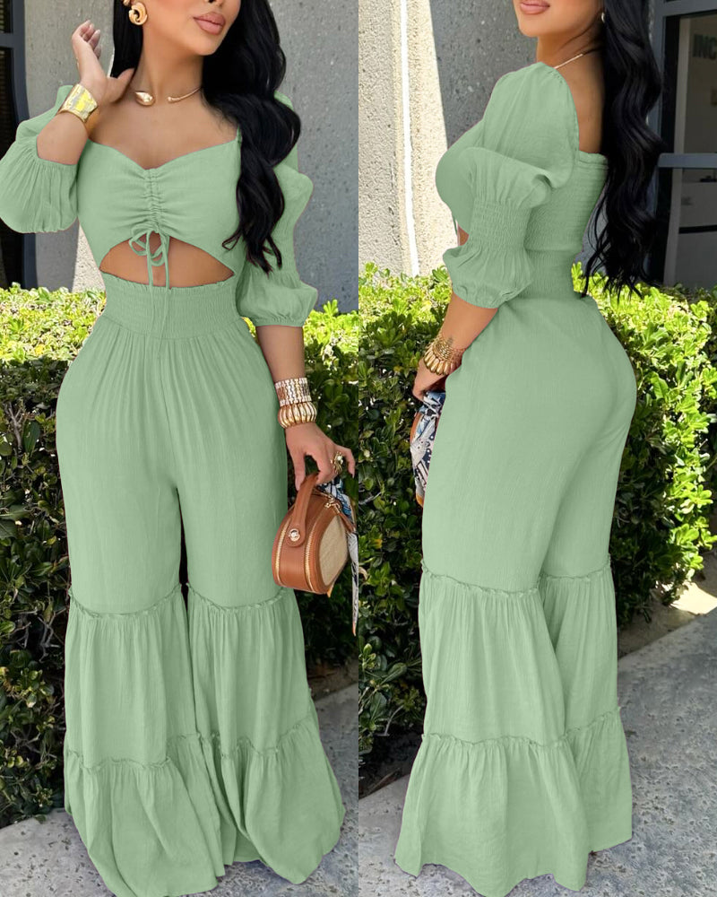Sweetheart Neck Puff Sleeve Drawstring Front Shirred Overalls Casual Cutout Front Ruffle Hem Wide Leg Jumpsuit - Image 12