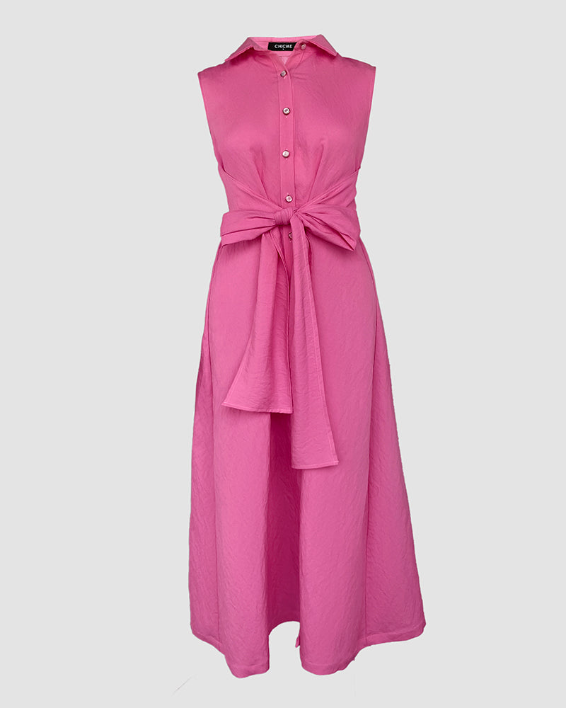 Turn-down Collar Sleeveless Button Front Shirt Dress Casual Open Back Tied Detail Commuting Dress - Image 6