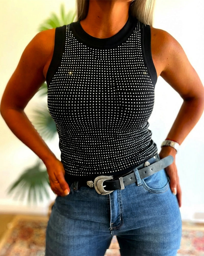 Rhinestone Decor O-neck Sleeveless Knit Tee Slim Fit Tank Top - Image 16