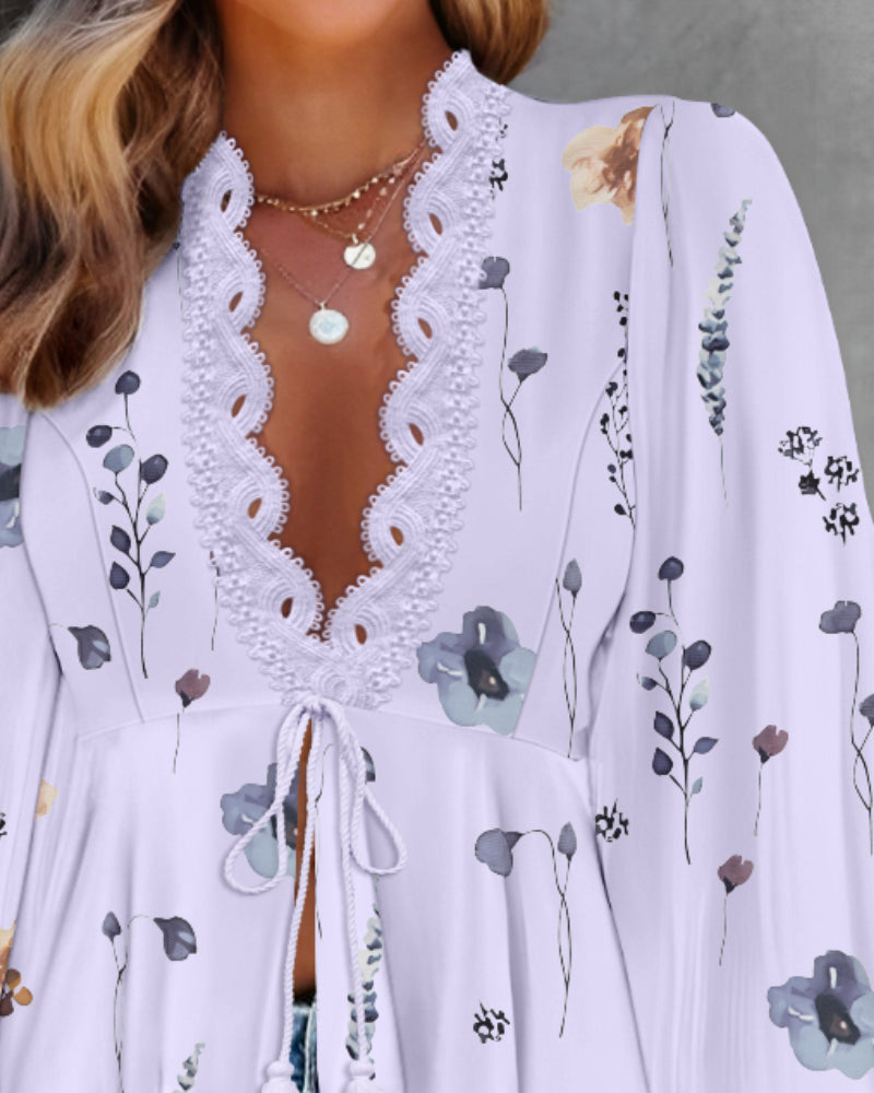 Floral Print Deep V-Neck Lantern Sleeve Casual Contrast Lace Tied Detail Blouse - Image 3