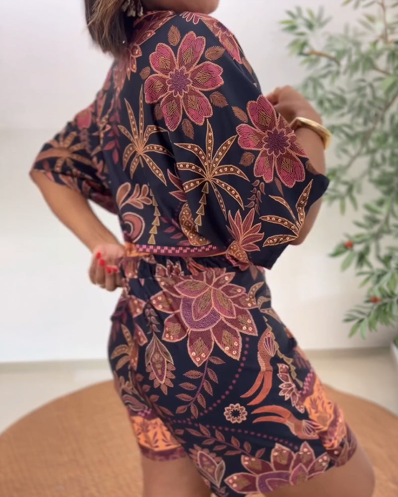 Women's Tropical Print Romper V Neck Wrap Knot Side Jumpsuit Half Sleeve Beach Vacation Summer Skorts Romper - Image 2