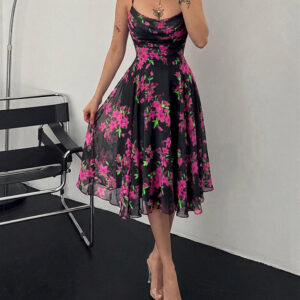 Women's Floral Print Cowl Neck Cami Dress High Waisted Sheer Mesh Overlay A-Line Dress Elegant Backless Flowy Party Dress