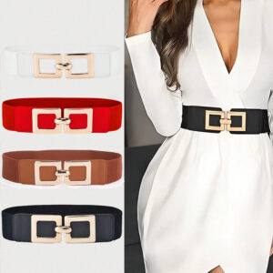 Wide Elastic Belt Fashion Square Gold Buckle Stretch Dress Belt Waistband