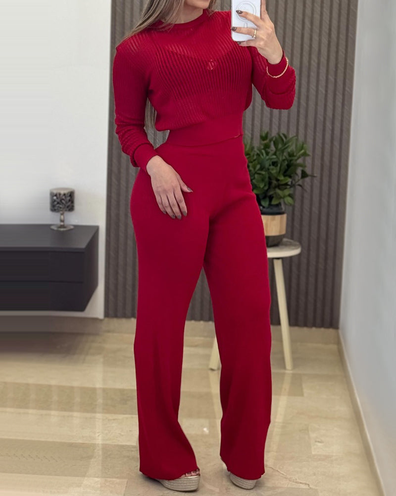 Round Neck Long Sleeve Vertical Pit Texture Top and Casual Wide Leg Pants Set - Image 7