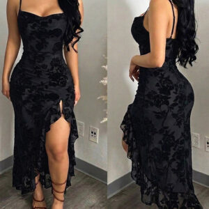 Women's Vintage Flocking Floral Maxi Dress Sexy Cowl Neck Cami Dress High Slit Backless Bodycon Evening Gown