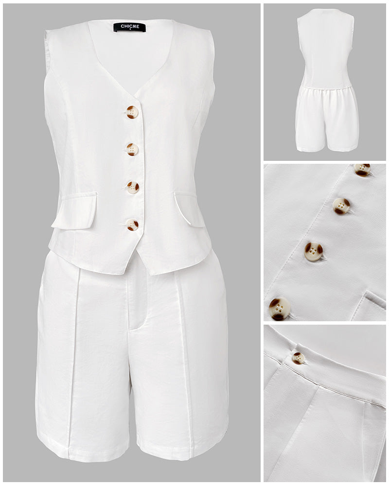 2 Pieces Outfit V Neck Button Front Flap Detail Vest Top and Casual Pockets Design Zipper Fly Elastic Back Waist Shorts Set - Image 7