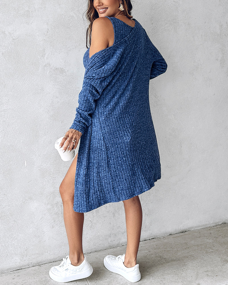 2 Pieces Outfit U-Neck Thick Strap Button Front Slim Fit Ribbed Knit Dress and Casual Long Sleeve Pockets Design Open Front Cardigan Coat Set - Image 11