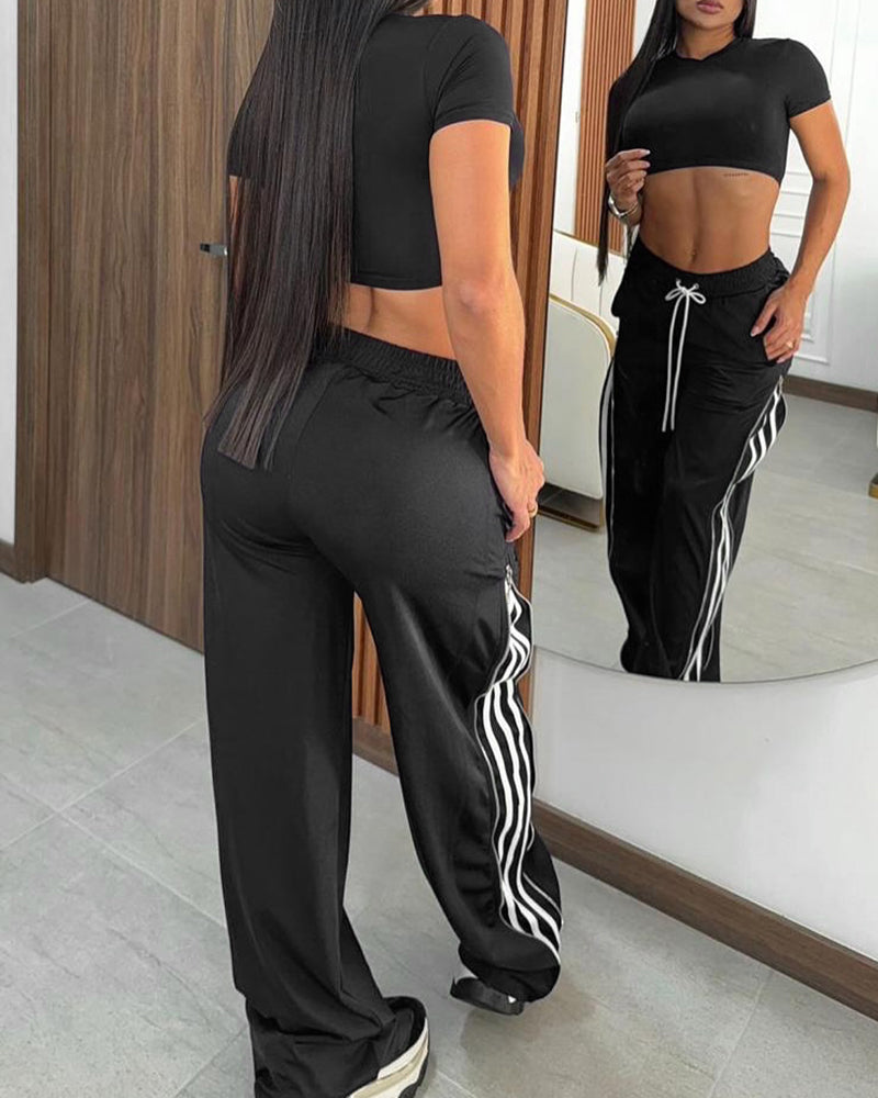 Contrast Side Striped & Zipper Slit Side Drawstring Elastic Waist Trousers Casual Wide Leg Pants - Image 10