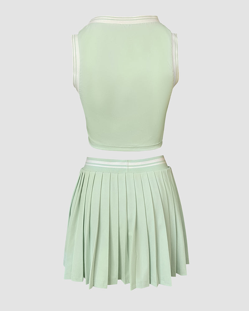 2 Pieces Outfit Round Neck Sleeveless Crop Tank Top and Elastic Waist Pleated Mini Skirt Set Casual Contrast Paneled Set - Image 11