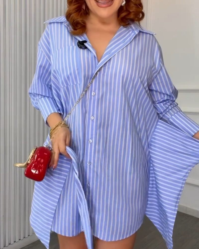 Women's Striped Button Down Shirt Dress Tie Front Wrap Asymmetric Hem Long Sleeve Casual Dress - Image 2