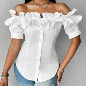 Ruffles Off Shoulder Short Sleeve Button Front Blouse Asymmetrical Hem Top