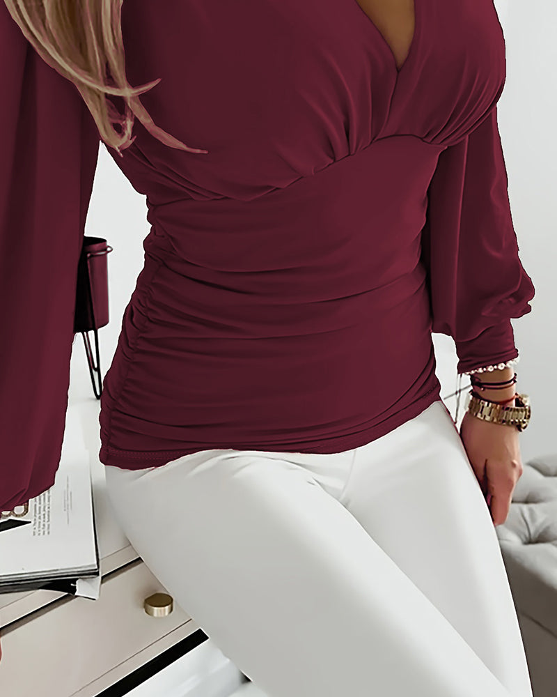 Deep V-Neck Lantern Sleeve Ruched Blouse Casual Slim Fit Top - Image 11