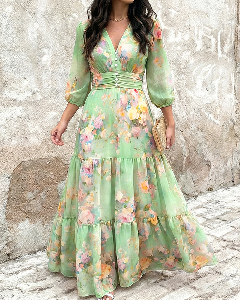 CHICME Women's Watercolor Floral V-Neck Shirred High Waist Maxi Dress Three Quarters Lantern Sleeve A-Line Ruffle Hem Chiffon Vacation Dress - Image 5
